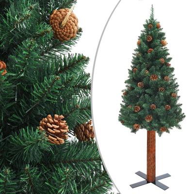 Kerstboom met echt hout en dennenappels smal 150 cm PVC groen