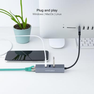 NANOCABLE 10.03.0407 converter USB 3.0 naar Gigabit Ethernet + 3 x USB 3.0, aluminium, grijs, 15 cm