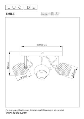 Lucide EMILE - Plafondspot - Ø 23 cm - 3xGU10 - Mat Goud / Messing