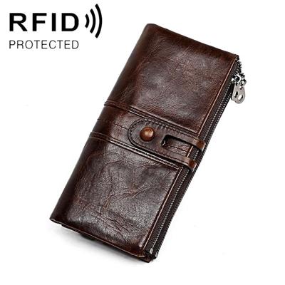3520 Long Cowhide Leather Folding Anti-magnetic RFID Wallet for Ladies with Card Slots(Coffee)