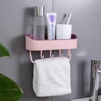 Geen boor muur gemonteerde douche plank mobiele telefoon badkamer shampoo houder (roze) - thumbnail