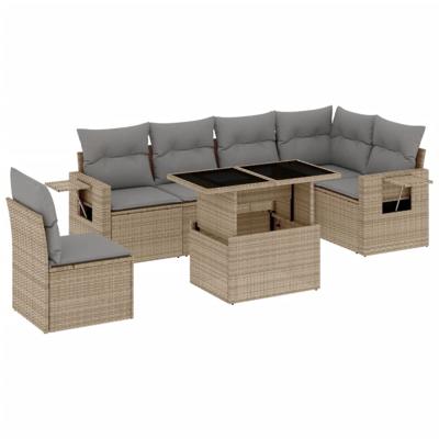 7-delige Loungeset met kussens poly rattan beige - thumbnail