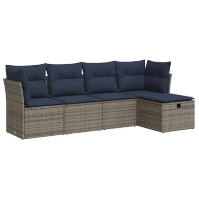 5-delige Loungeset met kussens poly rattan grijs