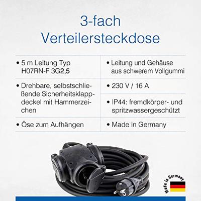 Schwabe Verlengkabel met 3-voudige verdeeldoos 5m H07RN-F 3x2,5 IP44 - thumbnail