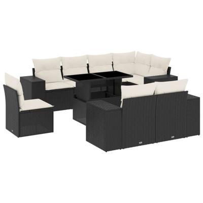 9-delige Loungeset met kussens poly rattan zwart
