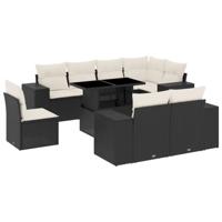 9-delige Loungeset met kussens poly rattan zwart - thumbnail