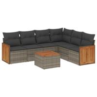 7-delige Loungeset met kussens poly rattan grijs - thumbnail