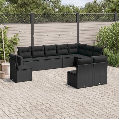 10-delige Loungeset met kussens poly rattan zwart - thumbnail
