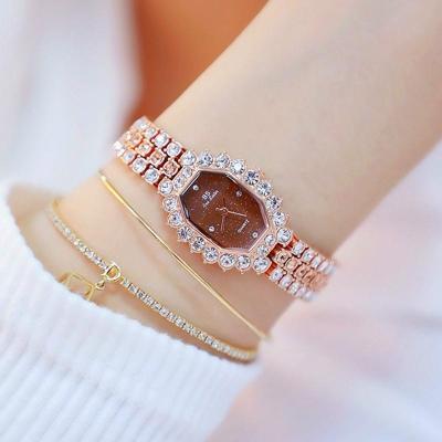 BS beesister FA1581 vrouwen achthoekige wijzerplaat Diamond plated strass armband quartz horloge (Rose Gold koffie Diamond)