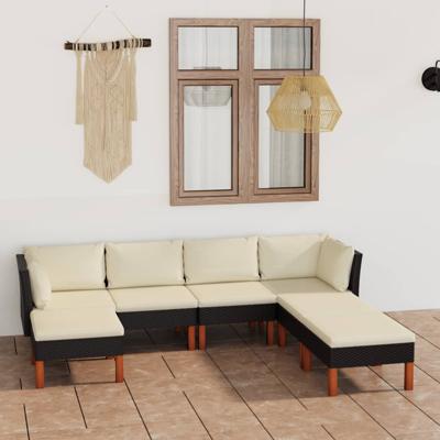 7-delige Loungeset met kussens poly rattan zwart
