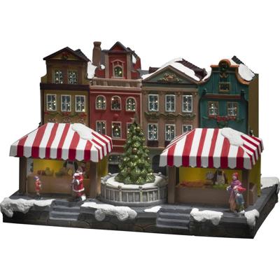 Kersthuis verlichting - Grachtpanden met marktkramen en kerstboom - met muziek