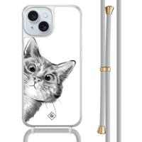 iPhone 15 hoesje met grijs koord - Peekaboo kat - thumbnail
