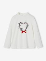 Kerstshirt met kroon en hartje met glitterdetails voor meisjes ecru - thumbnail