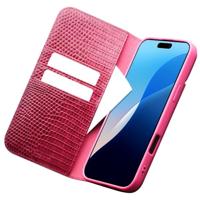 Qialino iPhone 16 Pro hoesje - Leren bookcase - Croco Roze - thumbnail