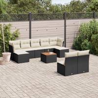 10-delige Loungeset met kussens poly rattan zwart - thumbnail