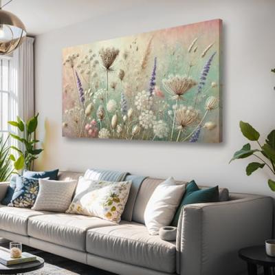 Schilderij - Wilde Bloemen ,kruid weide in pastel tinten, 80X60cm, 1luik