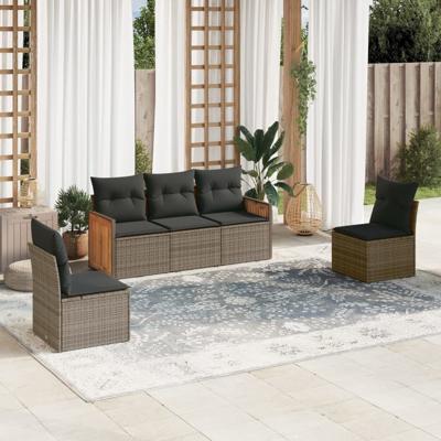5-delige Loungeset met kussens poly rattan grijs - thumbnail