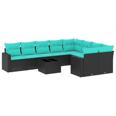 10-delige Loungeset met kussens poly rattan zwart