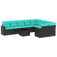 10-delige Loungeset met kussens poly rattan zwart - thumbnail