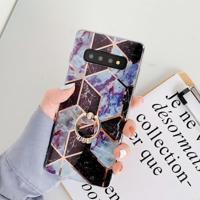 Voor Galaxy S10e plating kleurrijke geometrische patroon mozaïek marmer TPU mobiele telefoon geval Rhinestone stand ring (zwart PR6) - thumbnail