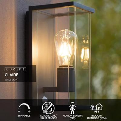 Lucide CLAIRE - Wandlamp Binnen/Buiten - 1xE27 - IP54 - Beweging & dag/nacht sensor - Antraciet