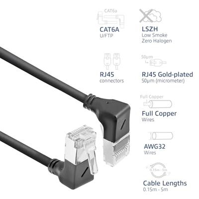 ACT Zwarte 3 meter U/FTP CAT6A LSZH Slimline patchkabel met RJ45 connectoren 90° haaks beneden naar ACT Zwarte 3 meter U/FTP CAT6A LSZH Slimline patchkabel met RJ45 connectoren 90° haaks beneden naar