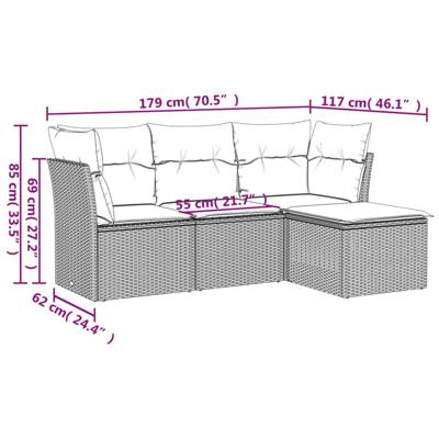4-delige Loungeset met kussens poly rattan grijs - thumbnail