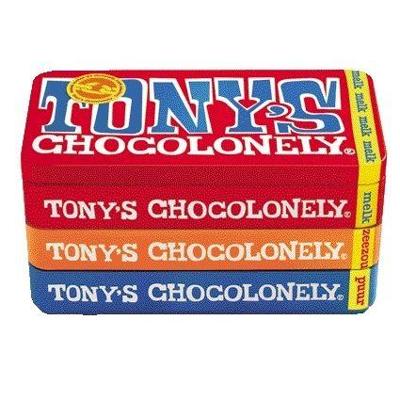 Chocolade Tony's Chocolonely puur-melk en karamel zeezout blik 540gr | 8 stuks Chocolade Tony's Chocolonely puur-melk en karamel zeezout blik 540gr | 8 stuks