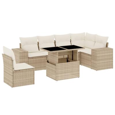 7-delige Loungeset met kussens poly rattan beige