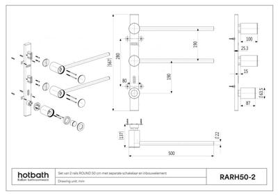 Hotbath &MORE set van 2 rails RARH50 ROUND 50 cm met separate schakelaar en inbouw element Geborsteld Messing PVD (RARH50-2BBP)