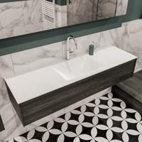 Mondiaz Lush Cloud badmeubel eiken Dark brown 150 cm 1 lade solid surface enkele spoelbak midden 1 kraangat - thumbnail