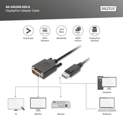 Digitus AK-340306-020-S DisplayPort-kabel DisplayPort / DVI Adapterkabel DisplayPort-stekker, DVI-D 24+1-polige stekker 2 m Zwart