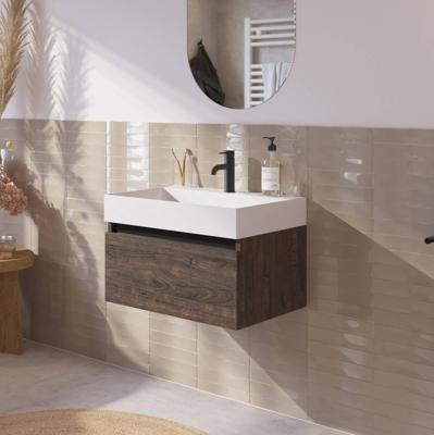 Saqu Gaia badmeubel incl. glans witte wastafel 60x46x39cm kasteel bruin - zwarte greeplijst