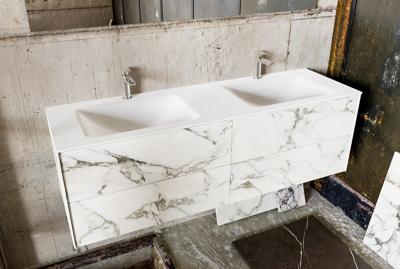 Badkamermeubel Kivi Hangend 150x47x45cm Porcelenato Solid Surface Wastafel 2 Kraangaten Dubbel met 4 Lades