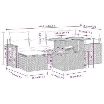 7-delige Loungeset met kussens poly rattan grijs
