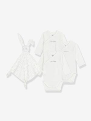 Babypakje met 3 body's van geborduurd katoen en knuffelkonijn PETIT BATEAU ecru