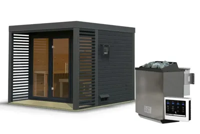 Karibu | Ares 3 Buitensauna | Antraciet-Antraciet | Biokachel 9 kW Externe Bediening