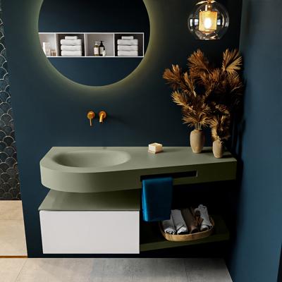 MONDIAZ RIVA 120cm badmeubel onderkast / planchet kleur Talc met 1 lade. Wastafel DULCET links 0 kraangaten kleur Army.