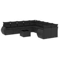 10-delige Loungeset met kussens poly rattan zwart - thumbnail