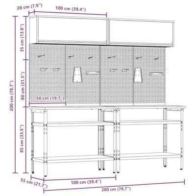 Werkbankset met plank 8 pcs Zwart en Grijs Gepoedercoat staal