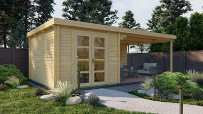 Blokhut Gunnar 300x400 cm + zijluifel 450 cm - Grijs geïmpregneerd- Plat dak- Geïmpregneerd vurenhout- Tuindeco