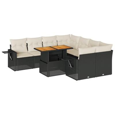 9-delige Loungeset met kussens poly rattan zwart