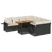 9-delige Loungeset met kussens poly rattan zwart - thumbnail