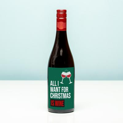 Wijnfles kerst All I want for Christmas is wine - Rood (Merlot)