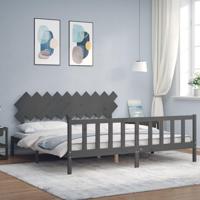 Bedframe met hoofdbord massief hout grijs 200x200 cm - thumbnail