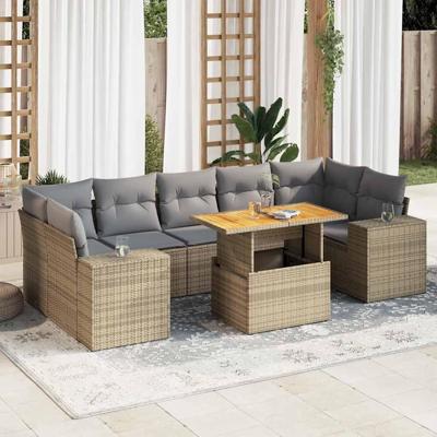 8-delige Loungeset met kussens poly rattan beige