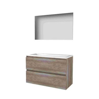 Basic-Line Basic 46 Badkamermeubelset - 100 x 46 cm - Greeploos - 2 Lades - Acryl Wastafel - 2 Kraangaten - Spiegel - Scotch Oak