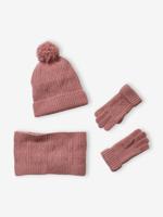 Set van muts + snood + wanten in kabelbreiwerk roze - thumbnail