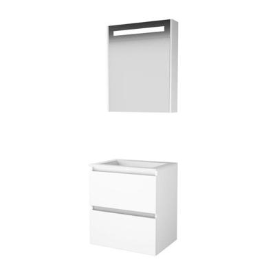 Basic-Line Premium 46 Badkamermeubelset - 60 x 46 cm - Greeploos - 2 Lades - Acryl Wastafel - Zonder Kraangat - Spiegelkast met LED Verlichting - Ice White