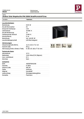 Paulmann Solar wandlampWay Elliot - 94233